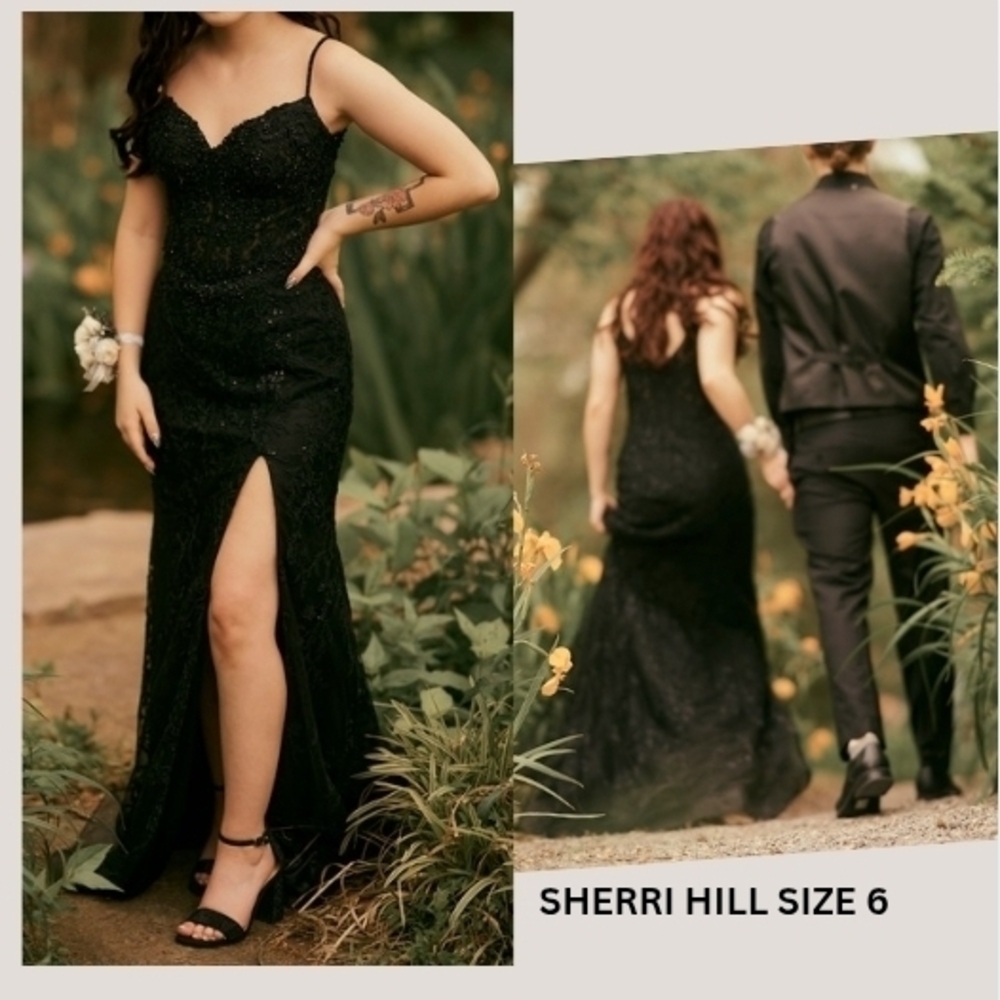 Sherri Hill Black Lace Beaded Prom Formal Homecoming Dress with Slit